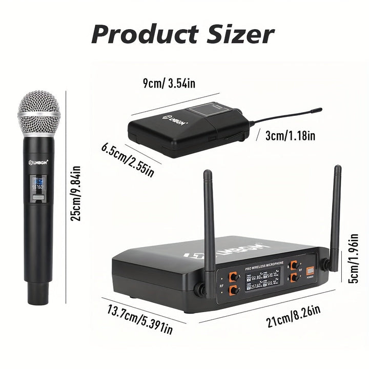 Sistema de micrófono inalámbrico profesional LBMGM, equipado con 2 micrófonos de mano y 2 packs de cinturón (con 1 auricular y 1 micrófono de solapa), adecuado para canto al aire libre, conferencias, pequeñas actuaciones y otros escenarios.
