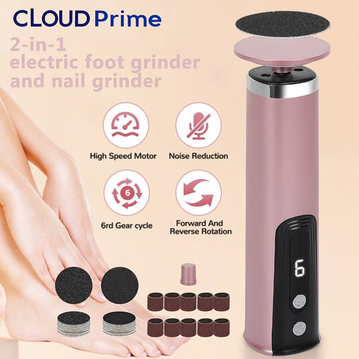[Pulidor eléctrico 2 en 1] Herramienta multifuncional para cuidado de pies Cloud Prime, pulidor eléctrico 2 en 1 para pies y uñas + 30 discos de pulido rosados