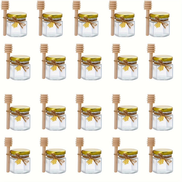Elegante tarro de vidrio hexagonal mini con tapa dorada y cubo de madera, perfecto para conservación natural y fiestas - empaquetado múltiple para bodas y regalos de novia, tarro de miel de vidrio transparente familiar con tapa, tarro de vidrio transpare
