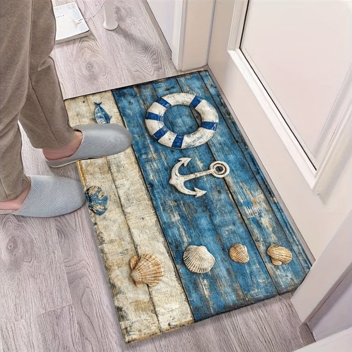 Un felpudo de puerta de madera azul náutico y blanco, lavable a máquina, antideslizante y duradero, adecuado para entradas, cocinas, baños y duchas, alfombra decorativa mullida.