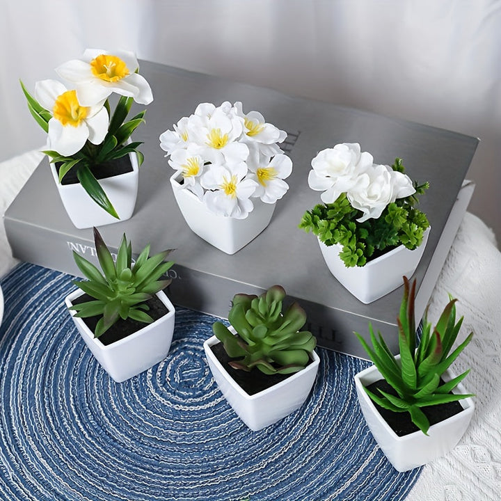 Conjunto de 6 Piezas de Suculentas y Flores Artificiales Realistas en Macetas Blancas - Perfecto para el Hogar, Escritorio de Oficina y Centros de Mesa | Set de Plantas Falsas de Tacto Real para Decoración de Todas las Estaciones