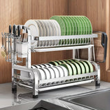 Estante de platos de cocina de acero inoxidable con bandeja de drenaje - Organizador multifuncional para encimeras para platos, tazas y utensilios - Solución de almacenamiento de cocina para el hogar que ahorra espacio