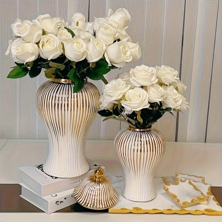 1 pieza de elegante jarrón de cerámica blanco y dorado con tapa - Patrón geométrico, jarra decorativa para almacenamiento de té, perfecta para el hogar, la oficina o el escritorio, regalo ideal para vacaciones, decoración de jarrones para el hogar.
