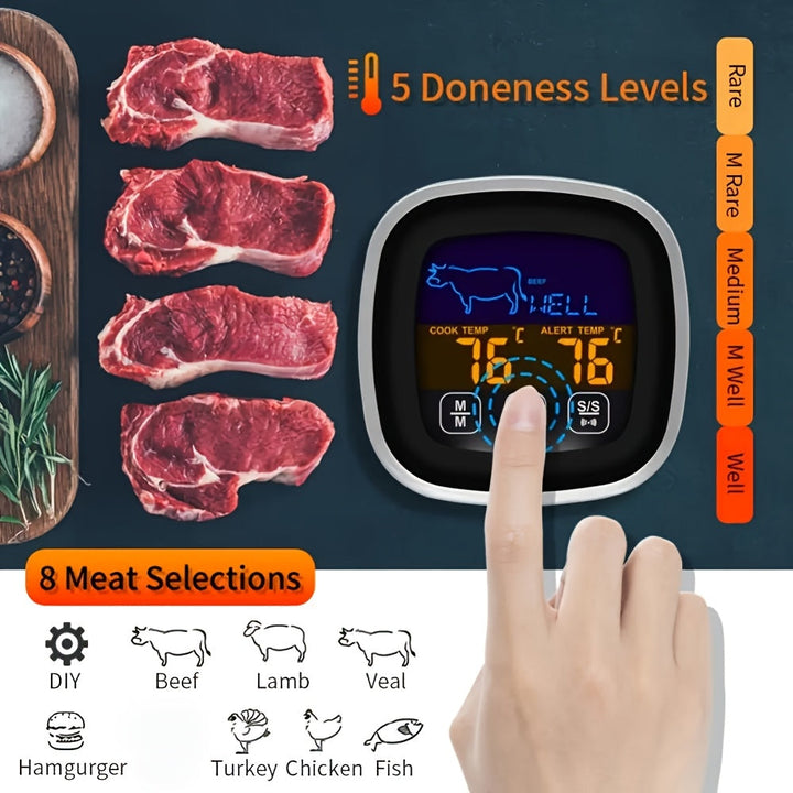 HOTU Gran Pantalla Táctil Termómetro de Carne con Temporizador de Reloj - Sonda de Acero Inoxidable para Parrilla, Horno, Horneado, Líquido, Dulce - Pantalla Digital, Sin Necesidad de Batería, Esenciales de Cocina | Termómetro Táctil | Construcción Durad