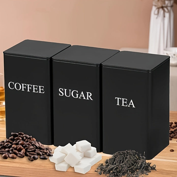 Jarrón de almacenamiento de hierro de tres piezas negro/beige, utilizado para almacenar tazas de té, azúcar y café en la cocina, adecuado para oficinas, almacenamiento en casa y comedor.