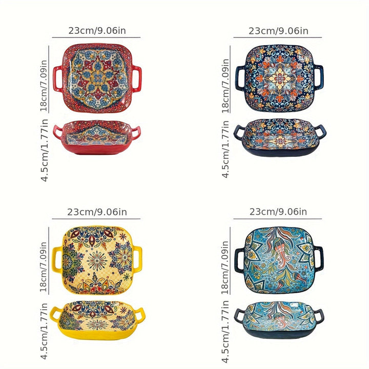 1 Juego de 4 Piezas de Platos Cuadrados Bohemios con Doble Asa. Platos Creativos de Cerámica, Versátiles para Frutas/Pastas. Diseño de 9 Pulgadas Seguro para Horno/Microondas. Asas Antideslizantes para Transporte Fácil, Elevando tu Ritual de Comida.