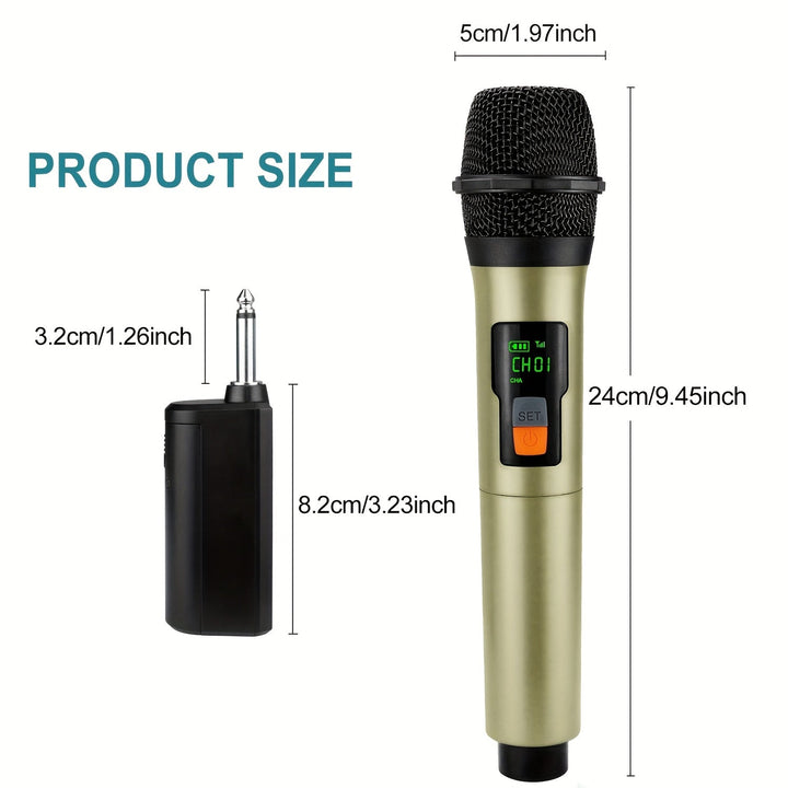 Sistema de micrófonos inalámbricos Heikuding 2 en 1 con batería recargable, tecnología inalámbrica 2.4GHz, carga USB-C, conector de 6.35mm, 2 canales, diseño 1T2 para presentaciones en vivo y grabación, micrófono inalámbrico para presentaciones en vivo,