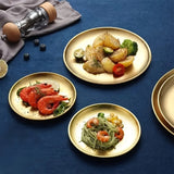 6 platos de acero inoxidable, plato dorado para ensaladas, plato para BBQ coreana, plato principal occidental, plato para bocadillos y postres, ideal para restaurantes y uso en casa, bandeja multifuncional para snacks y plato para huesos