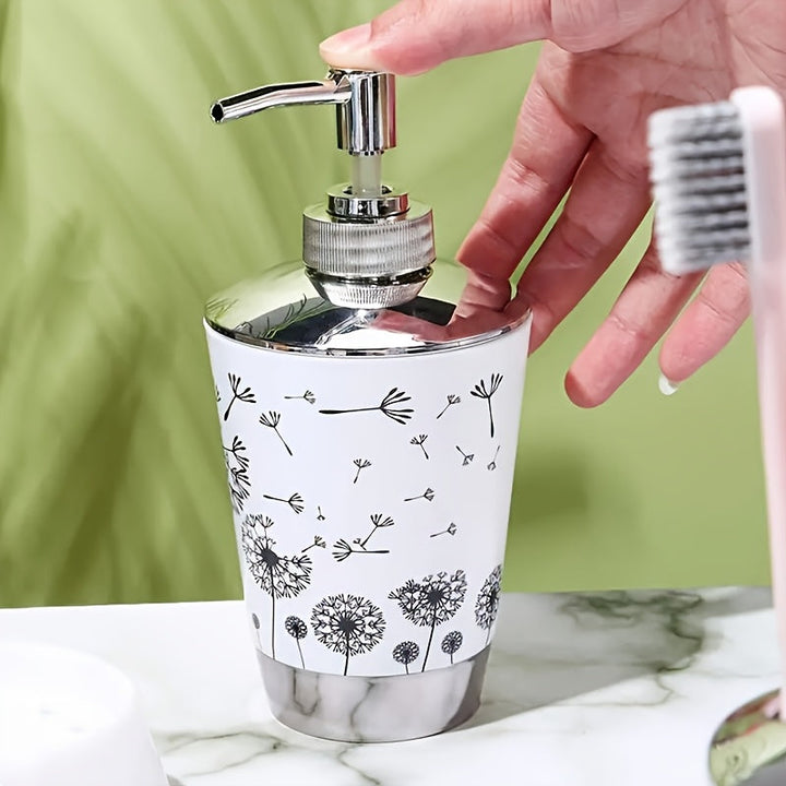 Juego de Baño Diente de León de 4 Piezas en Blanco y Negro - Incluye Dispensador de Jabón, 2 Tazas y Bandeja de Almacenamiento - Ideal para Regalar y Mejorar la Decoración del Hogar