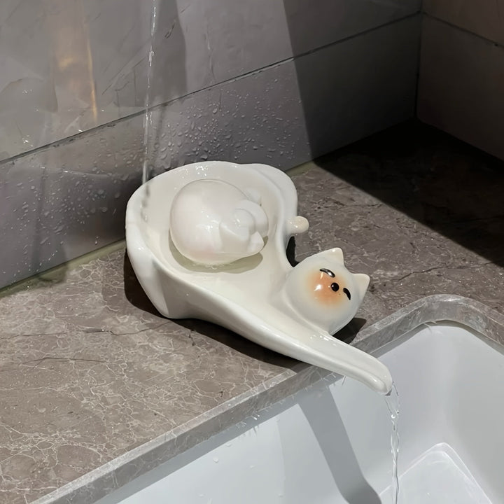 Adorable jabonera de cerámica con forma de gato, ideal para baños y cocinas. Fácil de limpiar, mantiene los jabones secos. Regalo perfecto para Halloween, Navidad, Pascua y más