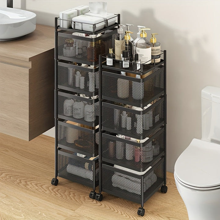 Carrito de almacenamiento metálico giratorio de 5 niveles con canasta rotatoria - Organizador ahorrador de espacio para cocina, baño, oficina - Diseño resistente en malla de alambre negro multiusos - Ideal para organización del hogar, organizador de baño
