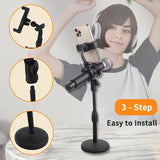 Soporte de teléfono con micrófono de ajuste de altura pesado con 2 en 1 función dual, diseño ergonómico resistente a los golpes y montaje portátil para coche - Manos libres para transmisión en vivo, podcasting, grabación de voz, grabación sin manos, cons