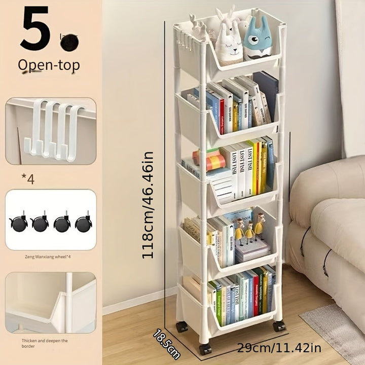 Carrito Organizador de Plástico Blanco de 5 Niveles con Ruedas para Ahorrar Espacio - Estante de Almacenamiento Rodante Versátil con Ganchos para Cocina, Oficina y Uso Doméstico | Estantes Duraderos para Libros, Verduras, Snacks y Más, Organizador de Alm