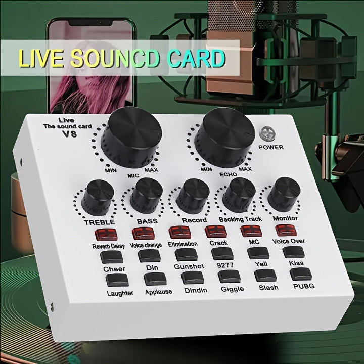 Interfaz de sonido V8 con cambiador de voz - Alimentado por USB, batería recargable de 500mAh, tarjeta de sonido negra ABS para grabación de PC, canto, transmisión y juegos, incluye micrófono y jacks de auriculares, tarjeta de sonido para juegos | Tarjet