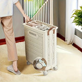 1 cesta de almacenamiento plegable blanca grande con ruedas - Organizador ahorrador de espacio para toallas, ropa, juguetes y más - Caja plegable portátil de plástico con asas, ideal para el hogar, la cocina, el baño y el spa | Cesta de utilidad plegable