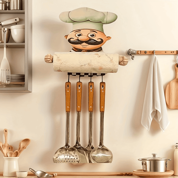 [Soporte Inoxidable para Toallas de Cocina] Portarrollos de Papel de Acero Inoxidable y Madera para Montar en Pared - Soporte para Toallas de Cocina con Tema de Chef para Decoración del Hogar