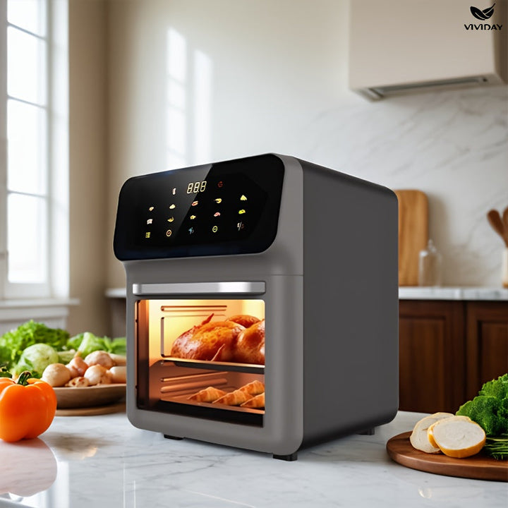 VIVIDAY, freidora de aire de gran capacidad con pantalla digital, interior antiadherente, 3 modos (auto, preestablecido, temporizador), construcción de acero inoxidable, ideal para uso en cocina doméstica, electrodoméstico de cocina moderno, vajilla dura