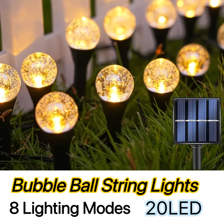 Luces solares decorativas con bolas de burbujas, 20 LEDs, 8 modos de iluminación (blanco cálido, blanco cálido, blanco frío), carga solar diurna y encendido automático nocturno, para jardines, césped, caminos, patios, etc