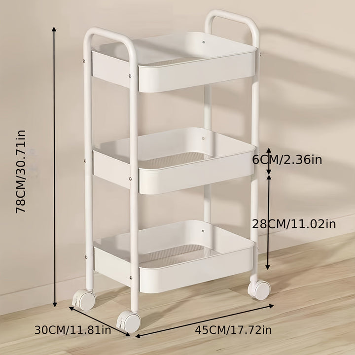 Carrito de almacenamiento metálico giratorio de 3 niveles, rosa/blanco/rojo, organizador móvil duradero con ruedas para cocina, baño y dormitorio, estante compacto que ahorra espacio para alimentos, snacks y artículos de hogar, gancho de utilidad.