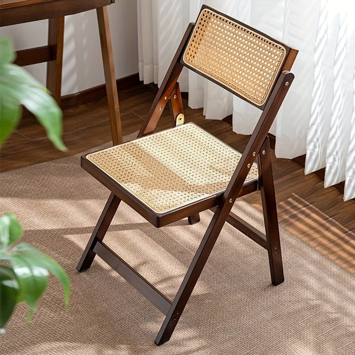 Silla plegable de ratán, resistente y cómoda, con respaldo, estructura de bambú, soporta hasta 150 kg, diseño ahorrador de espacio, liviana y portátil, ideal para sala, comedor o jardín, sin necesidad de ensamblaje - 1 unidad