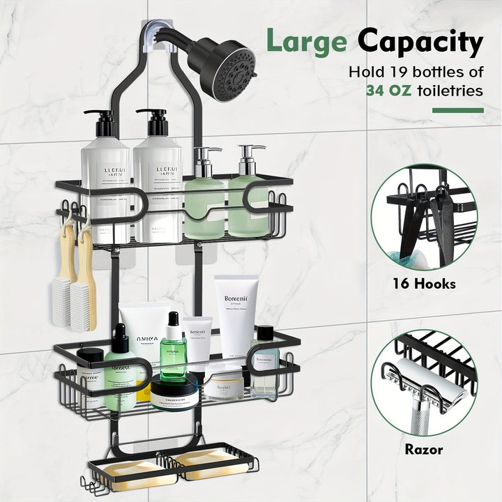 Organizador de Baño Colgante Ajustable de 3 Niveles en Negro con Ventosas - Sin Taladro, con Ganchos y Plato para Jabón, Soporte de Ducha, Cesta