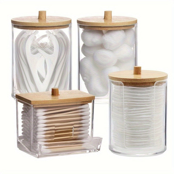 4-Pack Frascos de Boticario de Plástico con Tapas de Madera, 10/7oz Dispensador de Qtip para Baño, Contenedores de Baño para Hilo Dental, Bolas, Hisopos, Almohadillas Redondas