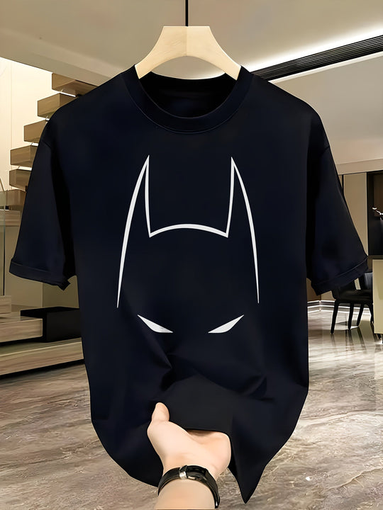 1 camiseta DC Warner para hombre con diseño de Batman, cuello redondo casual en negro con símbolo de murciélago en blanco, tela suave de poliéster, ideal para deportes, fiestas y ropa casual, regalo perfecto para fans, cómodo ajuste | Camiseta estampada
