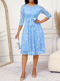 Vestido elegante con encaje floral, cinturón y dobladillo con volantes, cuello redondo y mangas 3/4, ideal para primavera y otoño, ropa de mujer