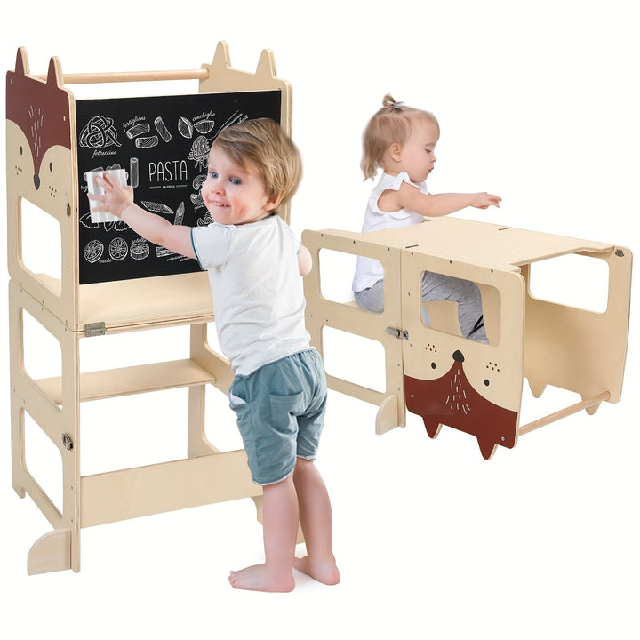 Taburete Elabebe para Niños, Taburete de Cocina, Ayuda para Pequeños, Torre de Aprendizaje de Madera con Pizarra, Juego de Mesa y Silla Plegable 2 en 1 con Tableros de Mensajes para 18 Meses