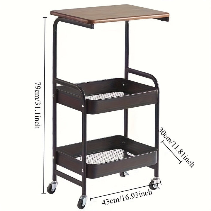 Carro de almacenamiento de 3 niveles con parte superior de madera – Organizador de metal versátil para cocina, dormitorio, oficina y más – Negro con ruedas blancas, Organizador de oficina | Carro de almacenamiento elegante | Estante con parte superior de