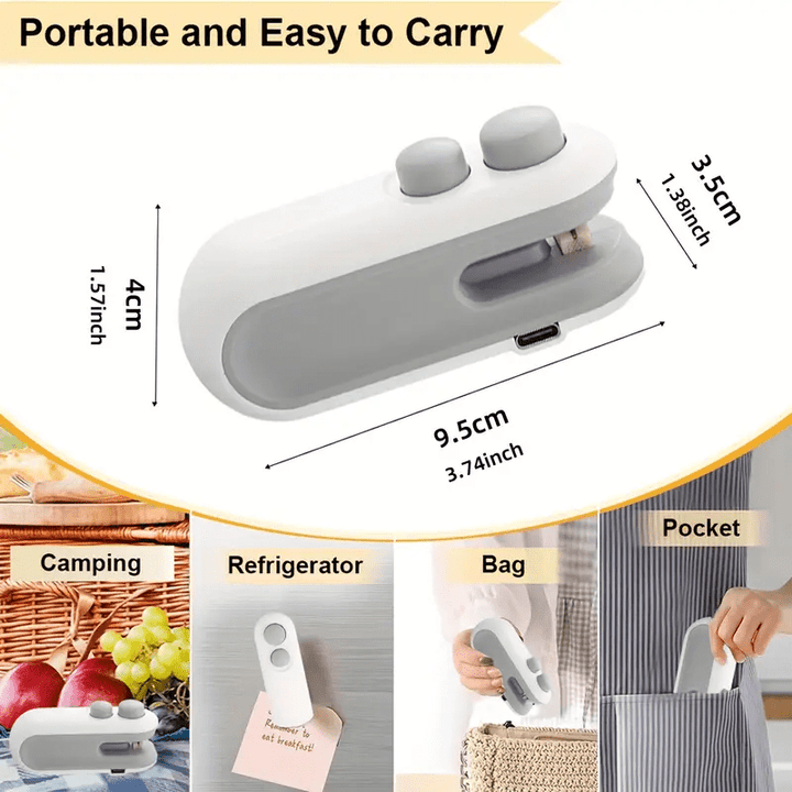 Selladora portátil de bolsas plásticas con carga USB y batería recargable de litio de 150 mAh, equipo pequeño para cocina en escenarios como escuelas, hogares, residencias y actividades al aire libre. Ideal para sellar bolsas magnéticas domésticas