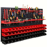 Estante organizador de herramientas montado en pared, resistente - Rack de almacenamiento multicompartimento con estantes plásticos rojos y negros, tableros colgantes y ganchos para garaje, taller - Organización de taller duradera y ahorradora de espacio