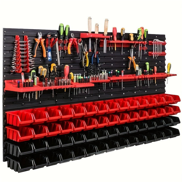 Estante organizador de herramientas montado en pared, resistente - Rack de almacenamiento multicompartimento con estantes plásticos rojos y negros, tableros colgantes y ganchos para garaje, taller - Organización de taller duradera y ahorradora de espacio