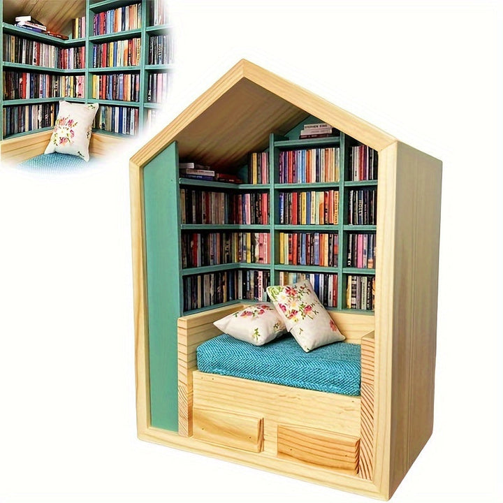 Una caja de mecedora de comodidad artesanal diseñada para aliviar la ansiedad, con una estantería de madera para decoración de oficina en casa, que incluye 200 libros y 2 cojines.