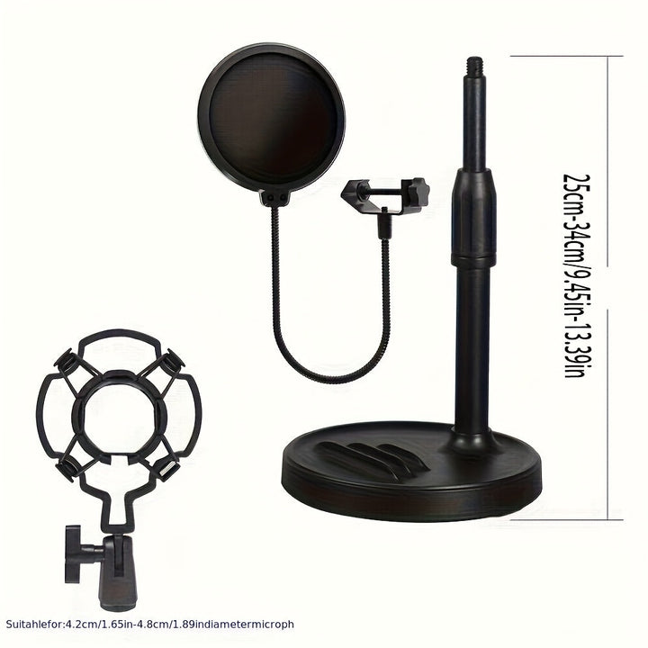 Soporte de micrófono de escritorio negro de ABS con soporte para teléfono, base pesada, filtro popular, amortiguador de choques, abrazadera de micrófono - Ideal para estudio de grabación en casa, configuración de grabación en casa | Soporte de micrófono