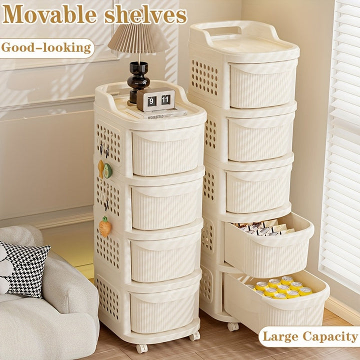 Un estante de almacenamiento grande y móvil estilo carrito, un armario de almacenamiento escalonado para artículos de bebé, un armario de almacenamiento tipo cajón, y un armario de almacenamiento de juguetes engrosado para salas de estar en casa.