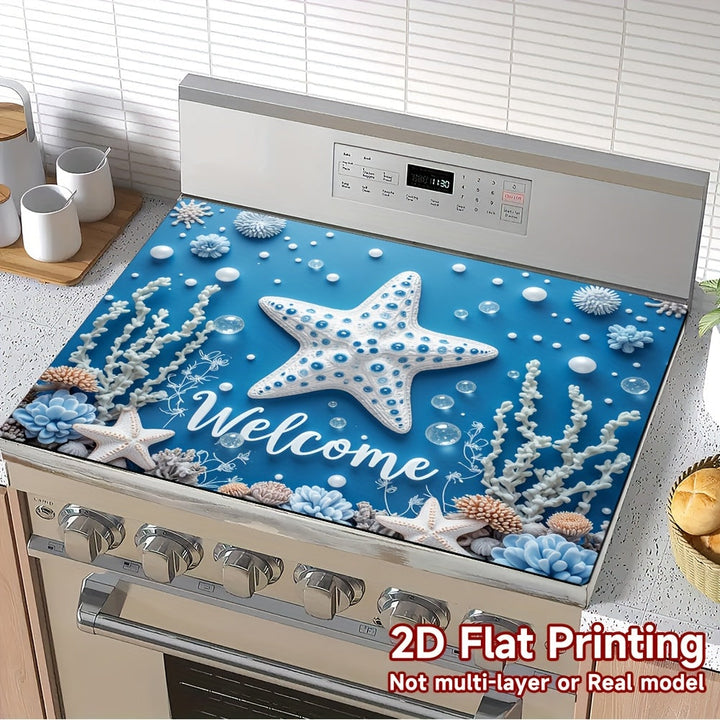1pc Protector de Estufa - Decoración Oceánica para Cocina, Superficie Antideslizante y Fácil de Limpiar, Cubierta para Placas de Gas/Eléctricas, Apto para Lavavajillas - Ideal para Cocina o Hogar Costero, Poliéster Duradero, 2D Plano