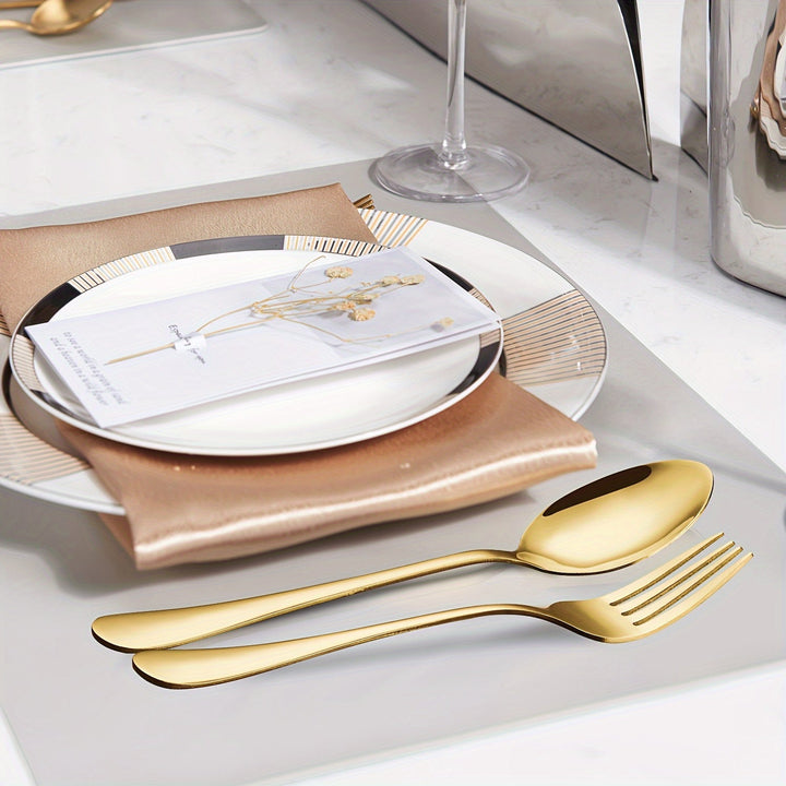 Juego de 32 cucharas elegantes de acero inoxidable dorado, 6,7" - Adecuado para lavavajillas, acabado espejo, cubertería plana para el hogar, cocina, restaurante - Ideal para postres y sopas