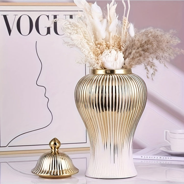 1 pieza de elegante jarrón de cerámica blanco y dorado con tapa - Patrón geométrico, jarra decorativa para almacenamiento de té, perfecta para el hogar, la oficina o el escritorio, regalo ideal para vacaciones, decoración de jarrones para el hogar.