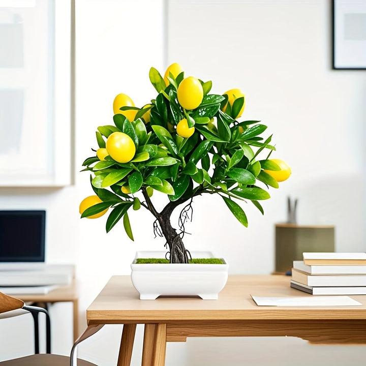 1 árbol de limón simulado con macetas blancas, forma realista. Ideal para decoración interior y exterior, embellece la sala, estudio o dormitorio, crea un ambiente fresco y natural