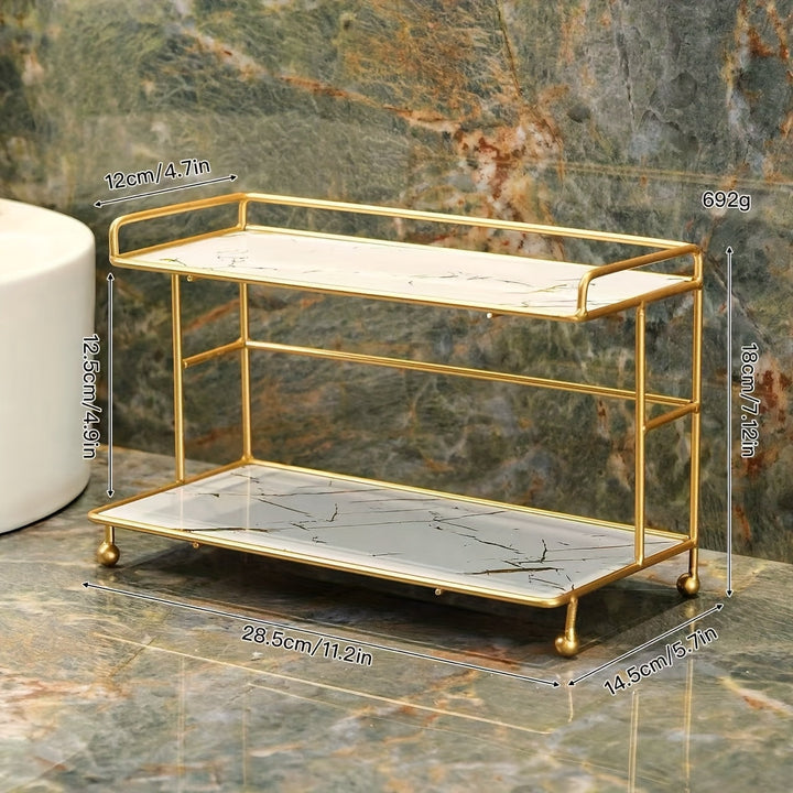 Organizador de baño de doble nivel con textura de mármol, bandeja amplia para cosméticos y cuidado de la piel, detalles dorados, diseño portátil independiente para baño, dormitorio o tocador (sin necesidad de ensamblaje), accesorios para baño