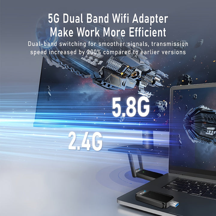 Tarjeta Adaptadora Inalámbrica de Doble Banda WiFi 5.3 y USB 5.3 con Antena Dual 2.4GHz/5.8GHz, Compatible con USB 3.0/2.0/1.1, Encriptación WPA2/WPA3-PSK, Compatibilidad con Windows Vista/XP/7/8/10/11, Linux, Mac OS 10.9-10.15