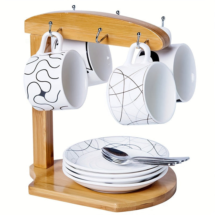 Elegante soporte de tazas y vasos de bambú con diseño floral - Organizador de cocina de madera elegante para tazas, platos y utensilios, organizadores y almacenamiento de cocina