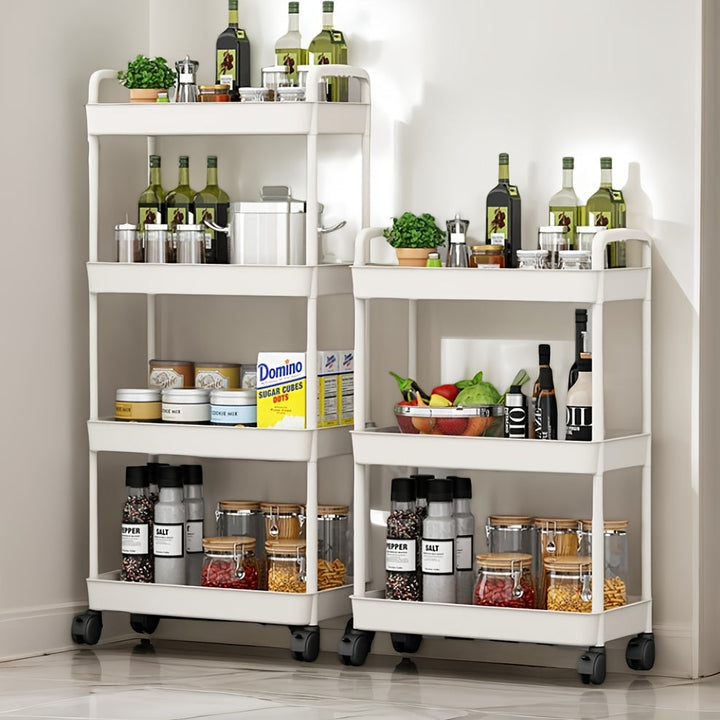 Carro de Almacenamiento con Ruedas - Estantes independientes de plástico duradero para cocinas, baños y dormitorios, estantes móviles fáciles de montar para snacks, artículos de tocador y esenciales de noche, diseño moderno minimalista con estructura rob