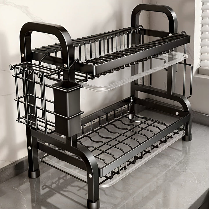 Organizador de cocina de acero inoxidable con sistema de drenaje - Rack multifuncional para platos, tazones y cubiertos - Duradero para servicio de alimentos