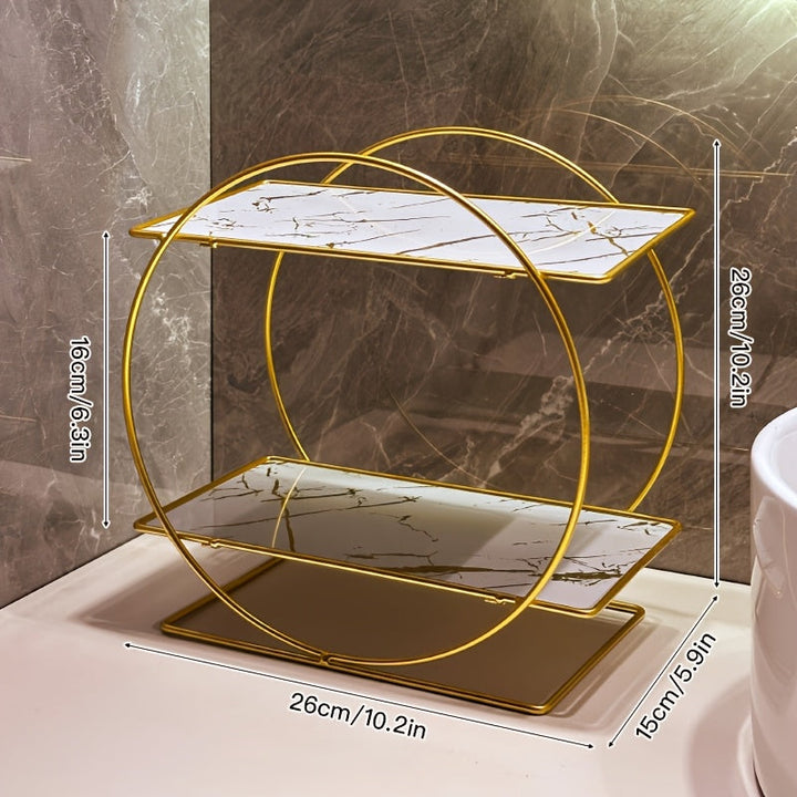 Organizadores de Maquillaje. Estante de baño hecho de hierro con estructura circular de doble capa y gran capacidad, ideal para colocar en el tocador. Su diseño elegante mejora la orden del espacio.