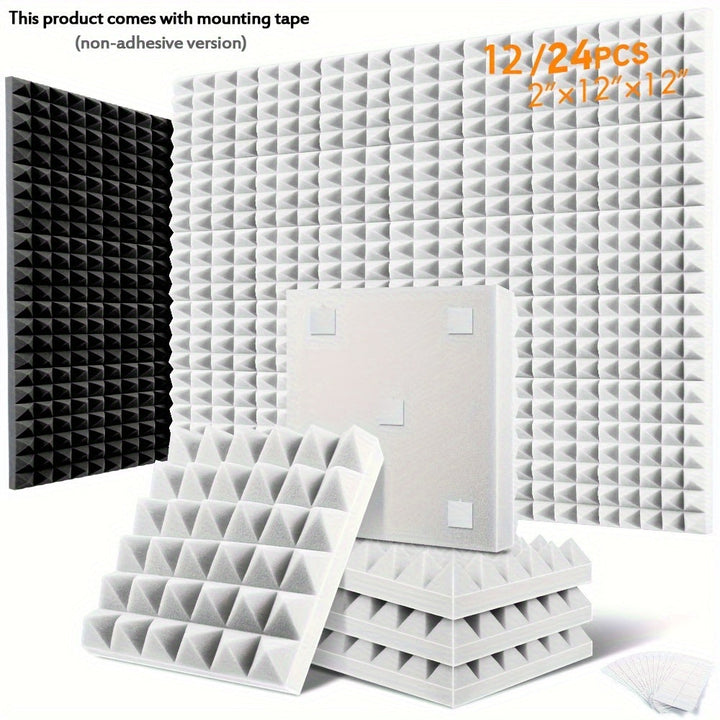 12 piezas, 24 piezas - 2 x 12 x 12 pulgadas - Paneles de Espuma Autoadhesivos para Aislamiento Acústico, Paneles Acústicos de Expansión Rápida, Paneles de Pared con Diseño de Pirámide para Absorber el Sonido y Eliminar Ecos
