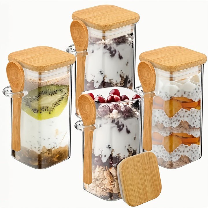 Juego de 2, 3 o 4 frascos de vidrio herméticos con cuchara y tapa de bambú - Recipientes de cocina a prueba de fugas ideales para granos, hojas de té, granos de café y especias - Perfectos para organizar la despensa