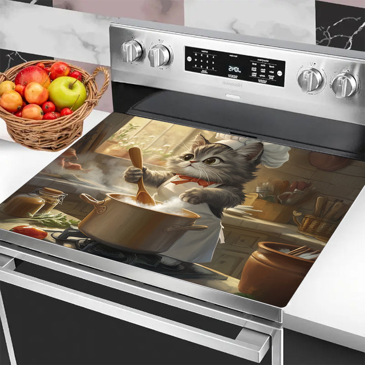 1 pieza de protector de estufa de gato chef lindo - Resiste el calor, resistente a los arañazos, alfombrilla de goma con diseño de escena de cocina divertida, fácil de limpiar y duradera, perfecta para cocinas elegantes, accesorio de cocina elegante | De