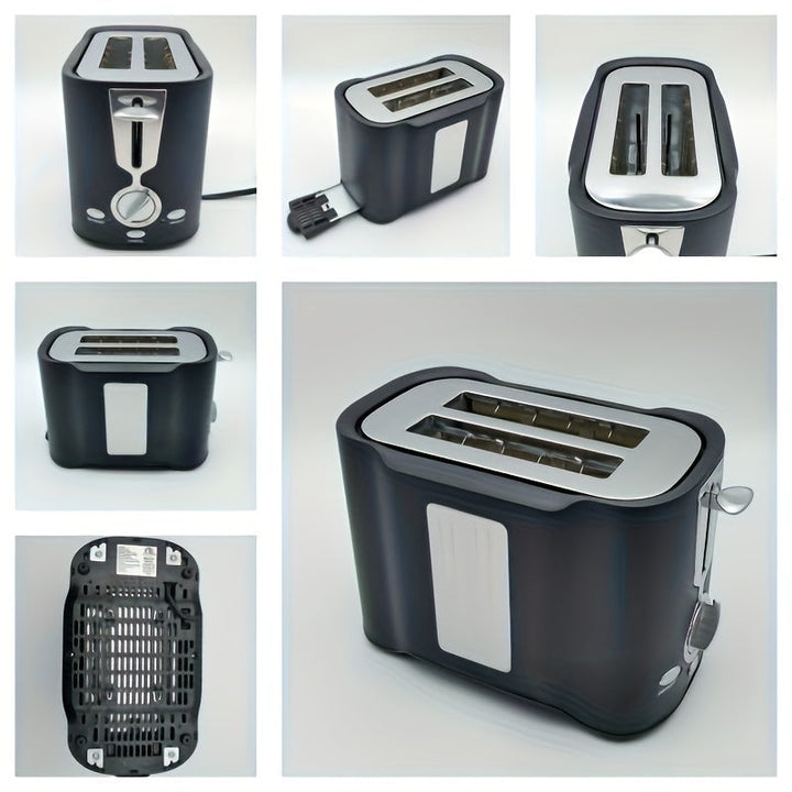 Toaster de acero inoxidable negro de 2 rebanadas con función de hacer sandwiches y congelador - Material duradero de PP, fácil de limpiar, perfecto para desayuno en casa, fabricante de sandwiches